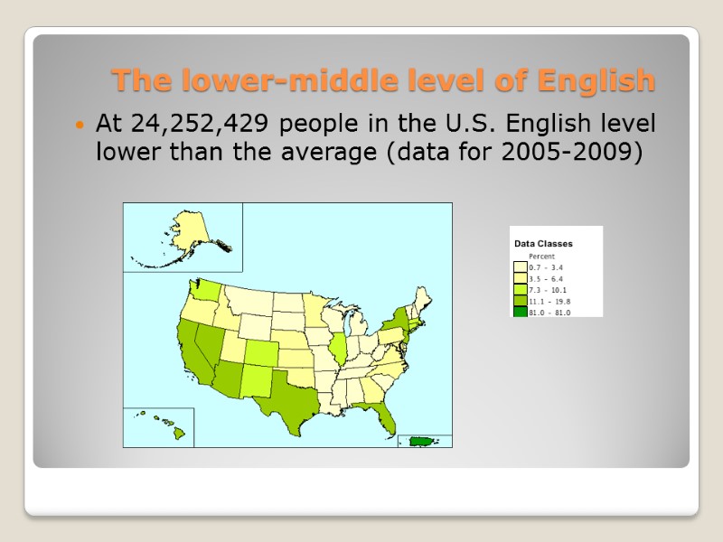 The lower-middle level of English At 24,252,429 people in the U.S. English level lower
